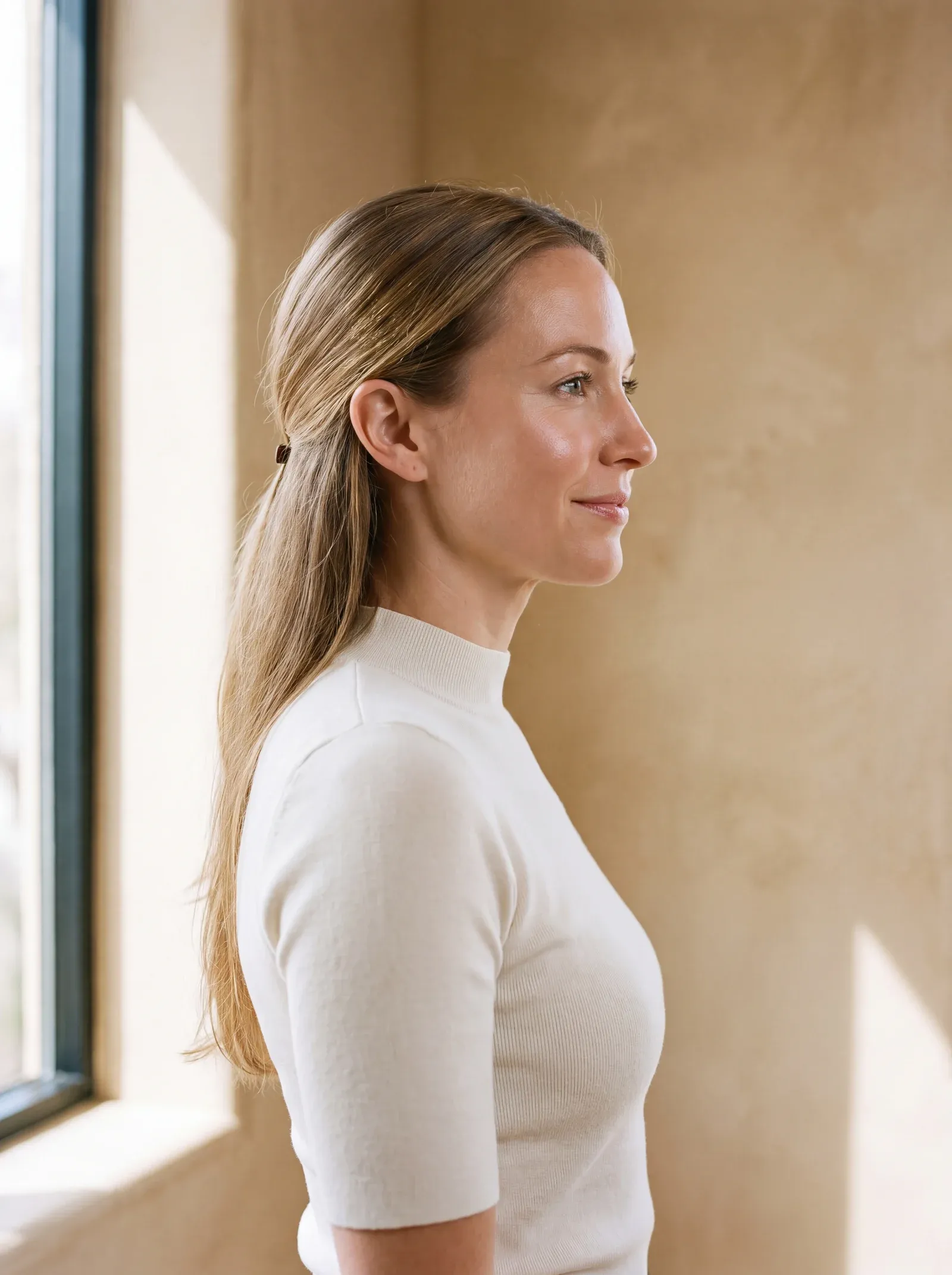 A woman in a white top, in profile beside a window