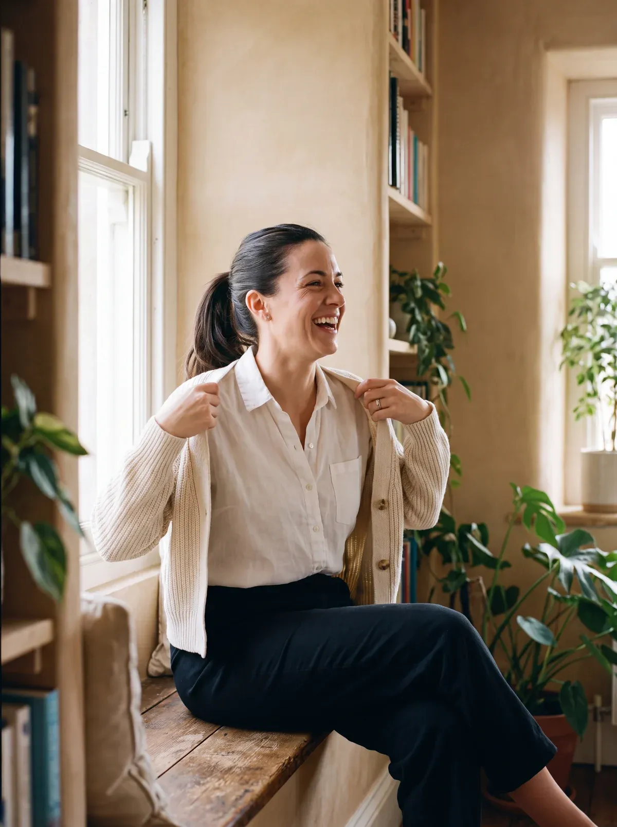 A woman laughing on a sunlit window seat